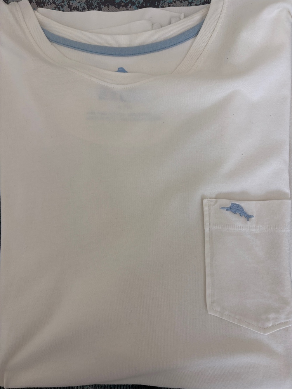 Tommy Bahama White Short Sleeve Pocket Tee with Light Blue Dolphin